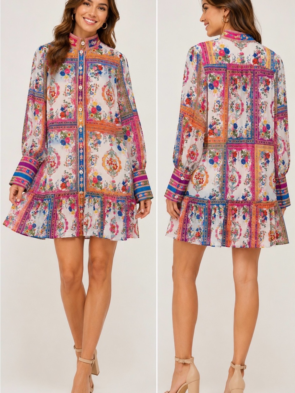 NWT Karolina Floral Scarf Print Button Front Drop Waist Dress M